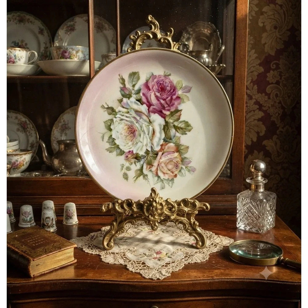 Antique CT Altwasser Silesia Porcelain Rose Plate 8 inch Pink Gold Rim 1920s